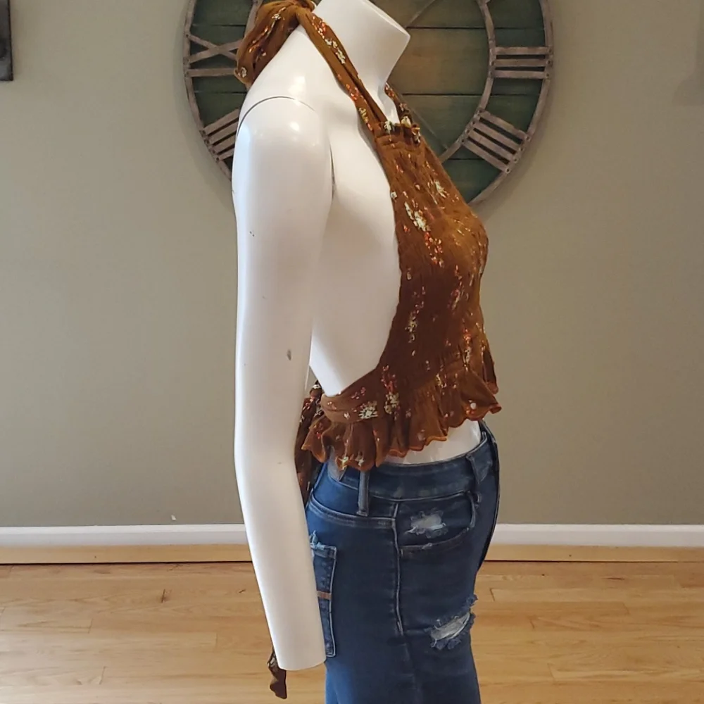 Free People Miss Louise smocked cropped halter top